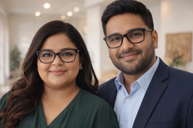 Best Glasses for Round Face: Complete Guide for Indian Men & Women Indian man and woman with round faces wearing best angular eyeglass frames - square and cat-eye styles for flattering fit